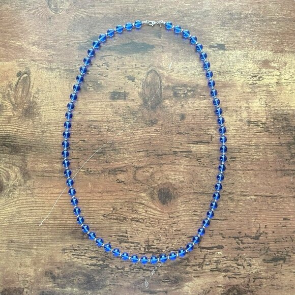 Vintage Monet Jelly Lucite Beaded Necklace Blue Silver Single Strand 27" Signed - Picture 2 of 10